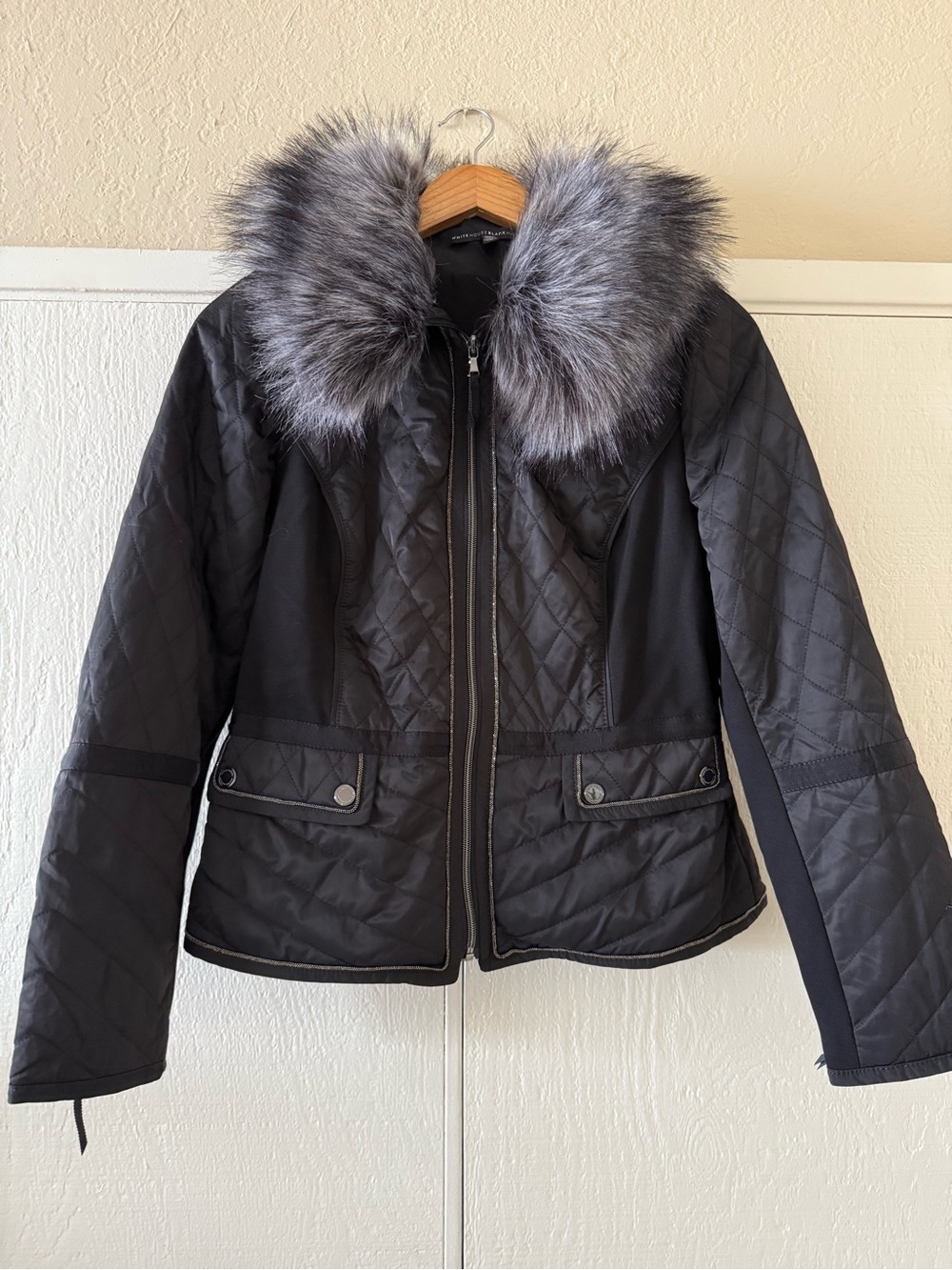 White House Black Market Black Quilted Puffer Jacket with Gray Faux Fur Collar